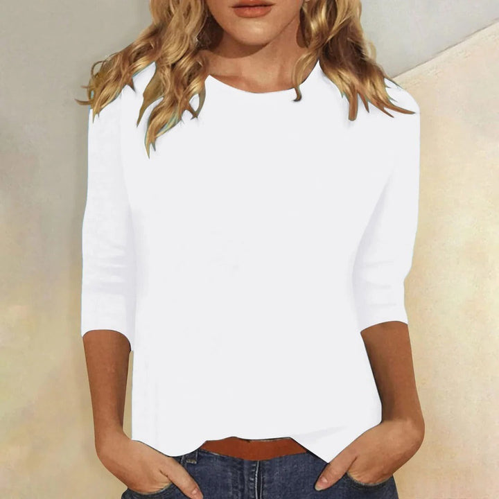 white crew neck three-quarter sleeve casual top