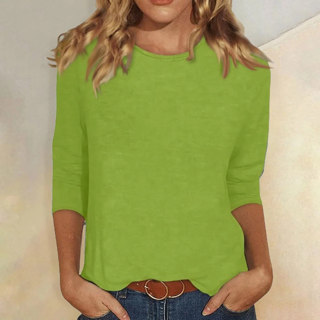 lime green crew neck top with three-quarter sleeves