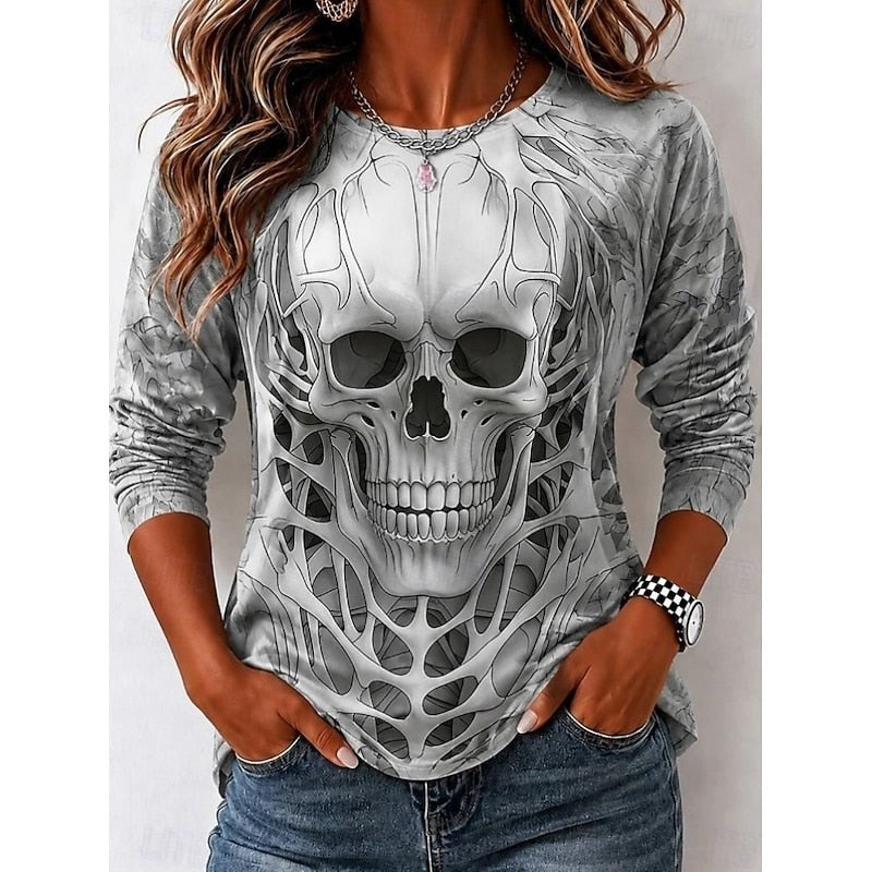 gray crew neck long sleeve tee featuring realistic skull design
