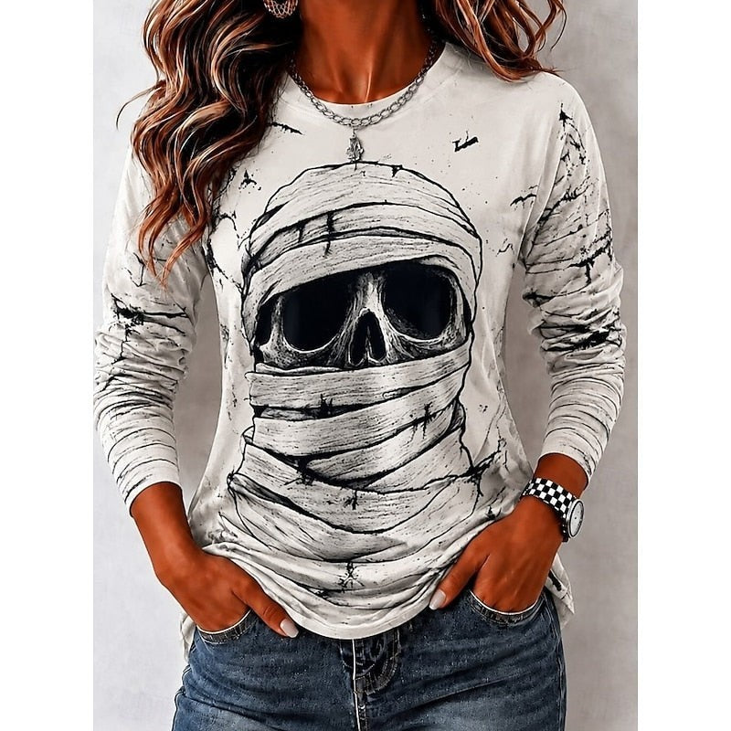 white long sleeve shirt with bandaged mummy skull Halloween print