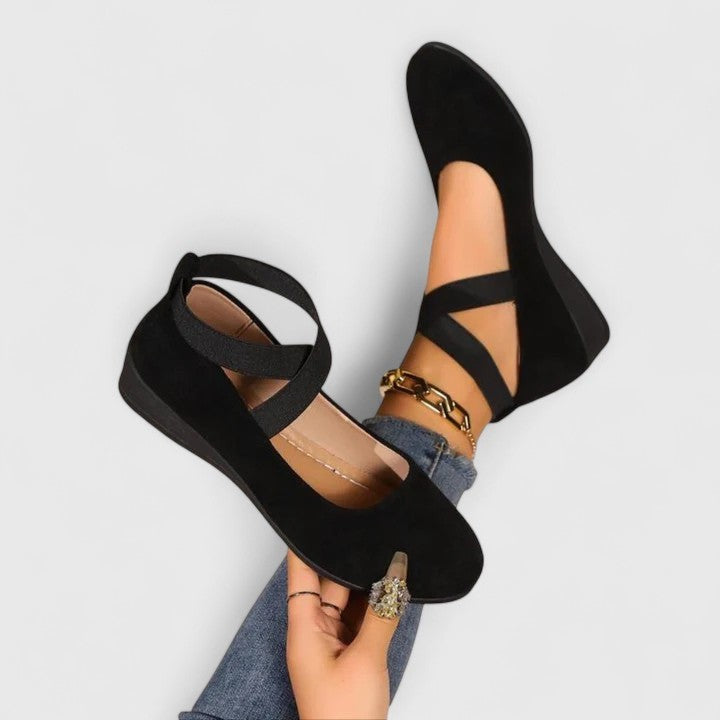Black suede wedge flats with crisscross elastic ankle straps