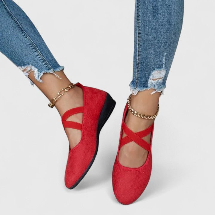 red suede wedge flats with crossover elastic ankle straps