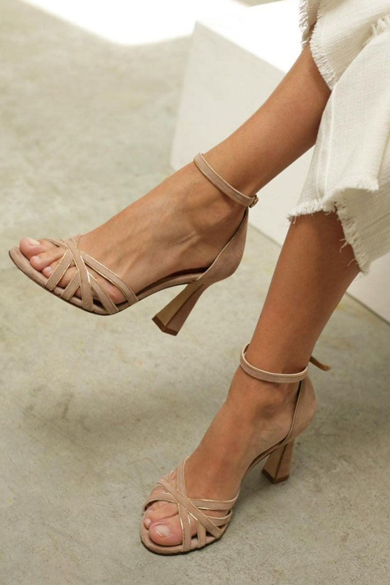 Nude strappy peep-toe heels with ankle strap and block heel design