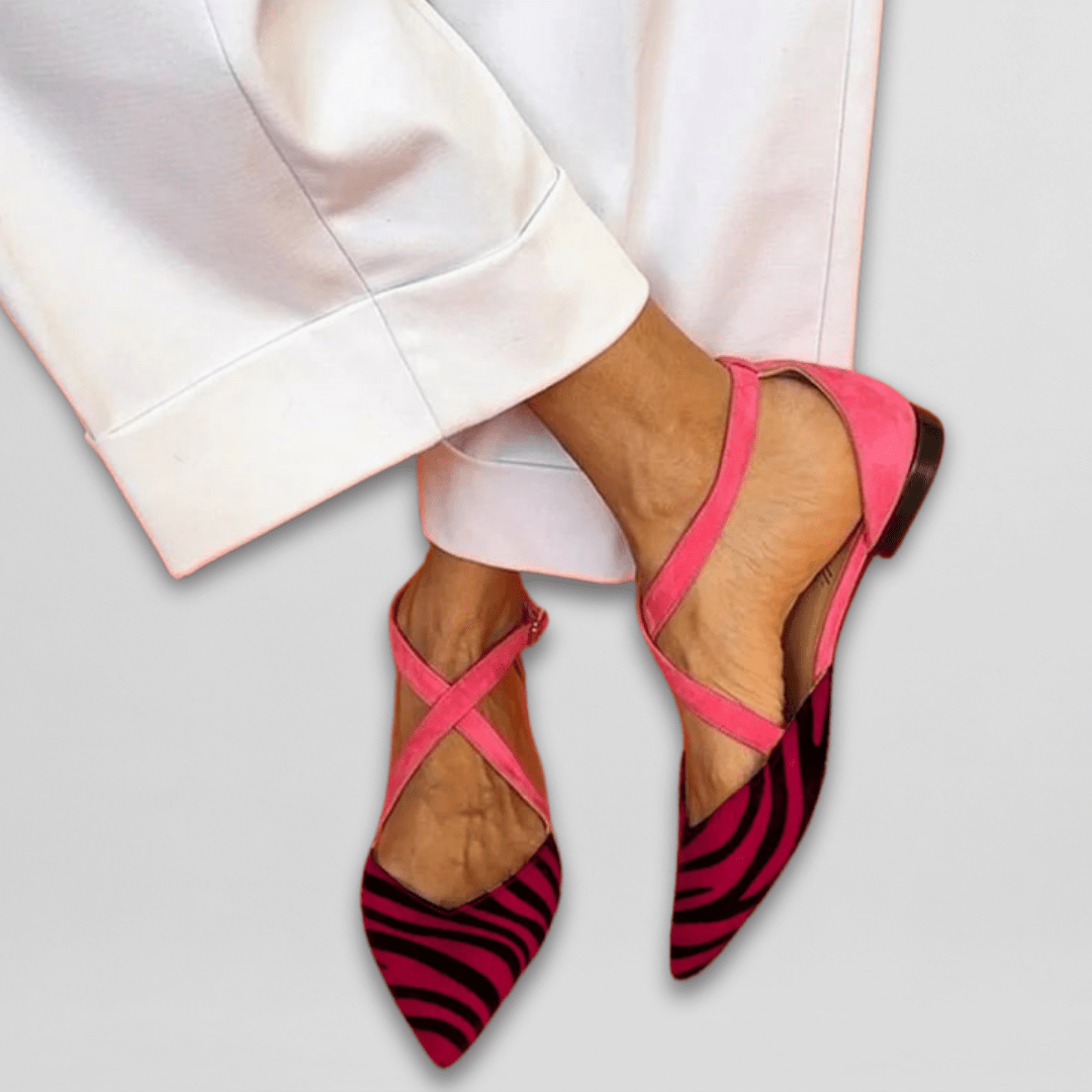 Pointed ballet flats with pink suede straps and magenta zebra-print calf hair