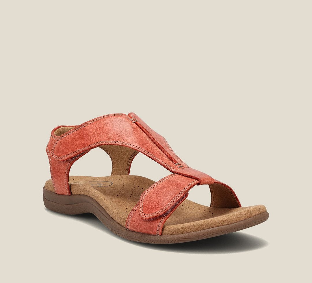coral leather orthopedic sandal with adjustable T-strap and cushioned footbed