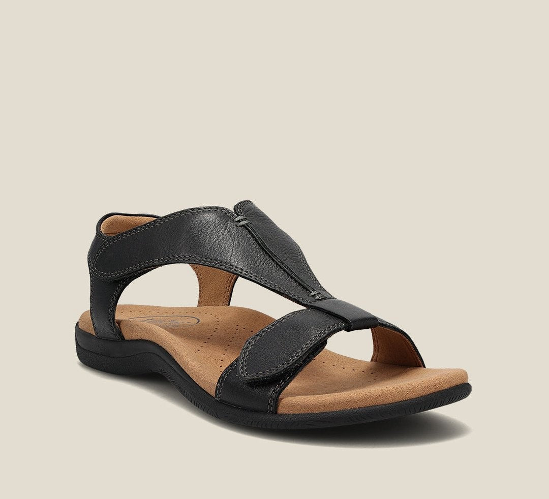 black leather orthopedic sandal with adjustable strap and contoured footbed