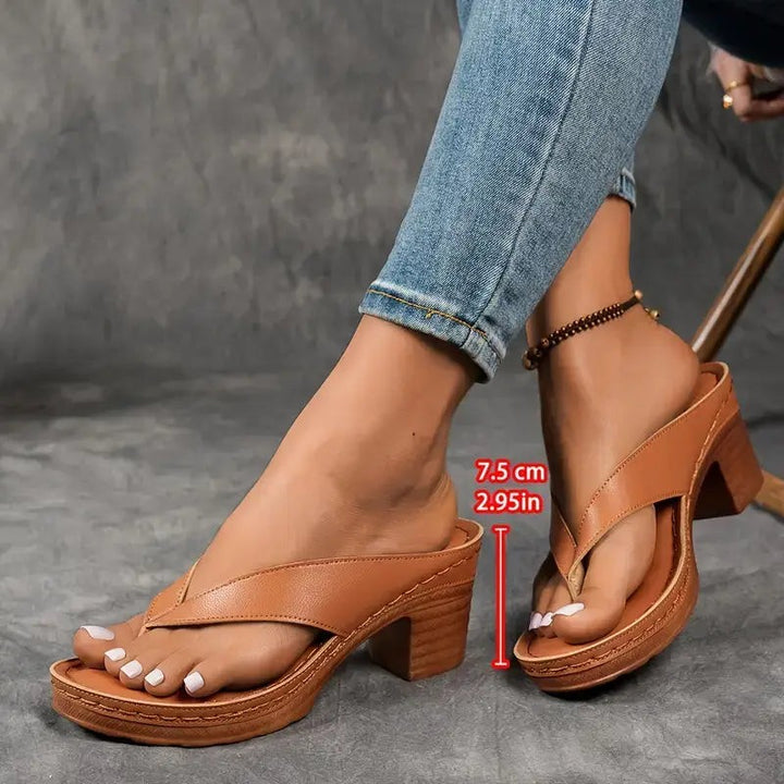 Tan leather platform sandals with 2.95 inch block heel worn with jeans