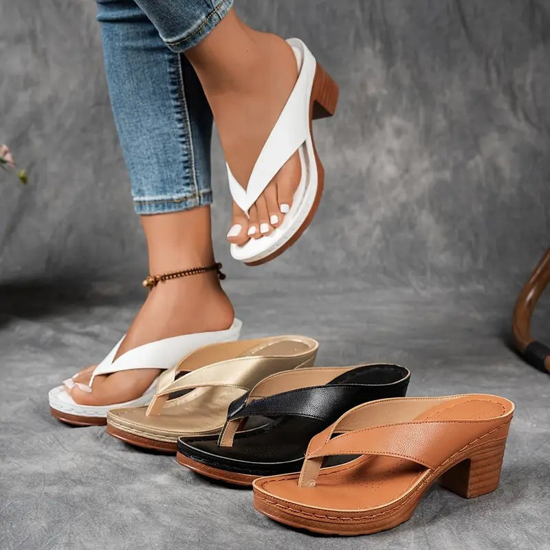 Four color options of chunky heel thong sandals in white, gold, black, and tan