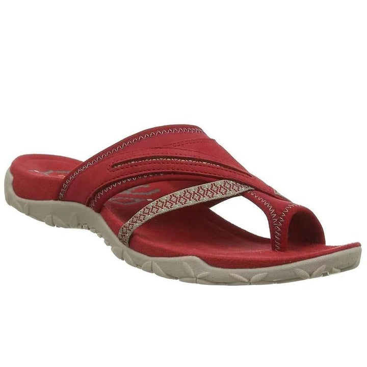 red leather thong sandal with woven crisscross strap and tan sole