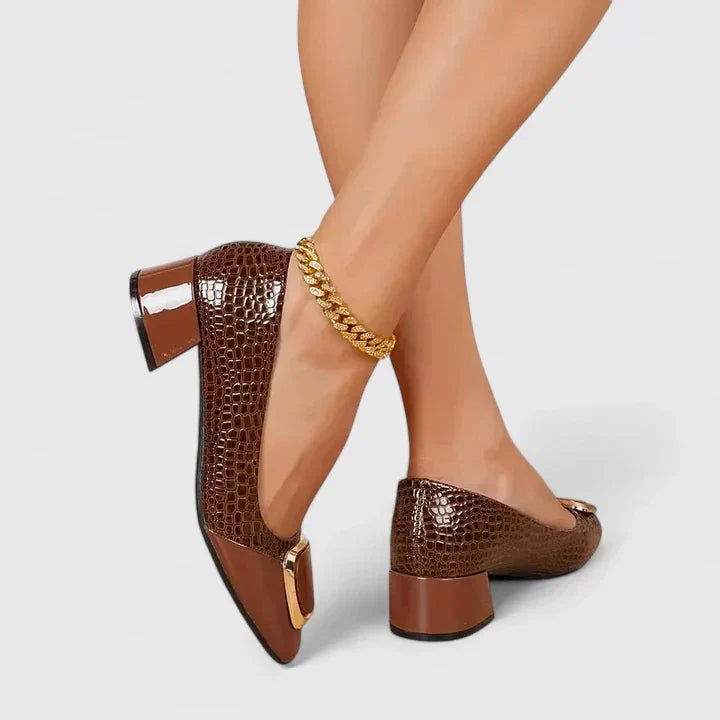 Brown croc-embossed block heel pumps with gold buckle detail