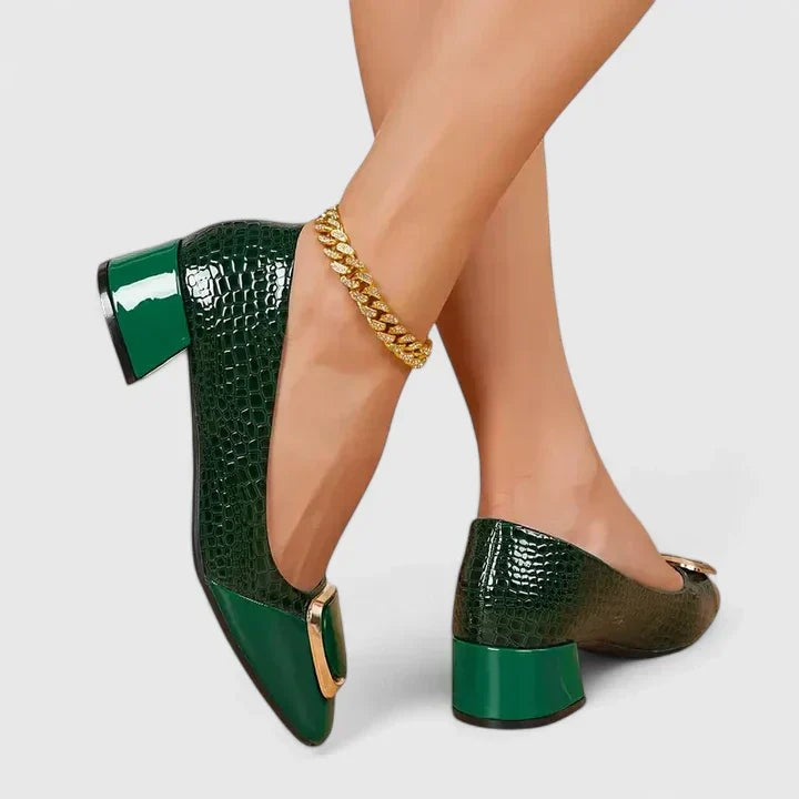 Green croc-print block heel pumps featuring gold buckle trim
