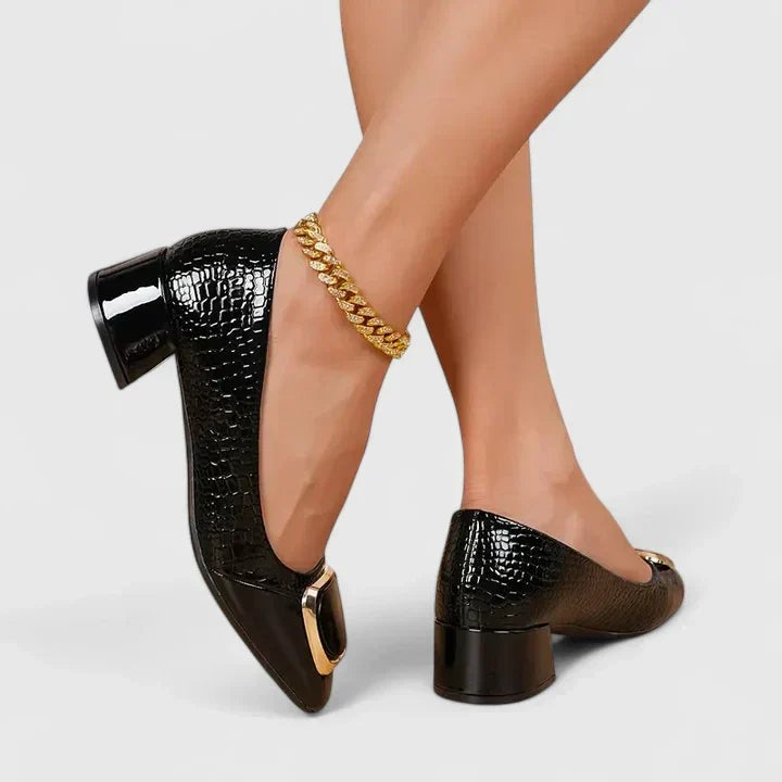 Black croc-embossed block heel pumps with shiny gold buckle