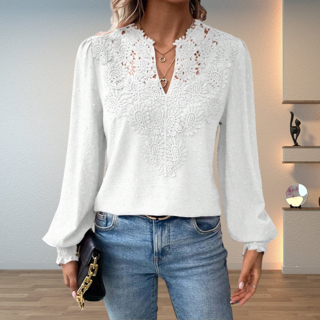 White lace-bodice V-neck blouse with crochet detail and lightweight dobby fabric