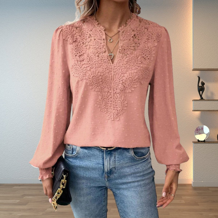Blush pink lace-trim V-neck blouse with long lantern sleeves and smocked cuffs