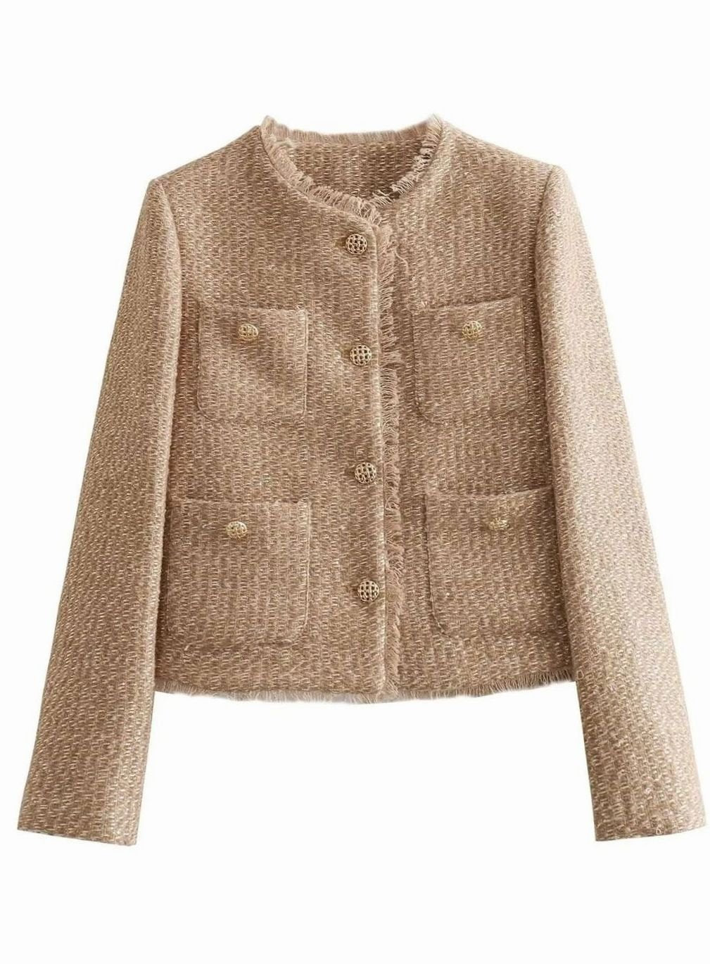 Beige tweed cropped blazer with four patch pockets and ornate gold buttons
