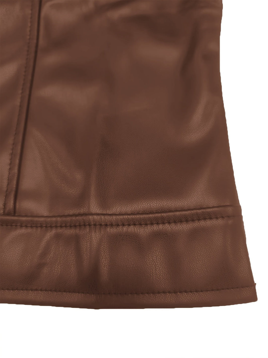 Close-up of brown faux leather jacket hem showing stitched seam detail