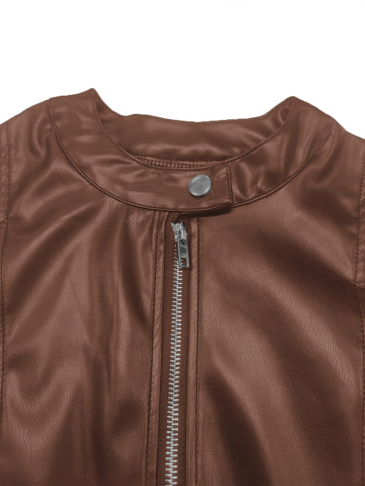 Close-up of brown leather jacket collar with popper button and zip