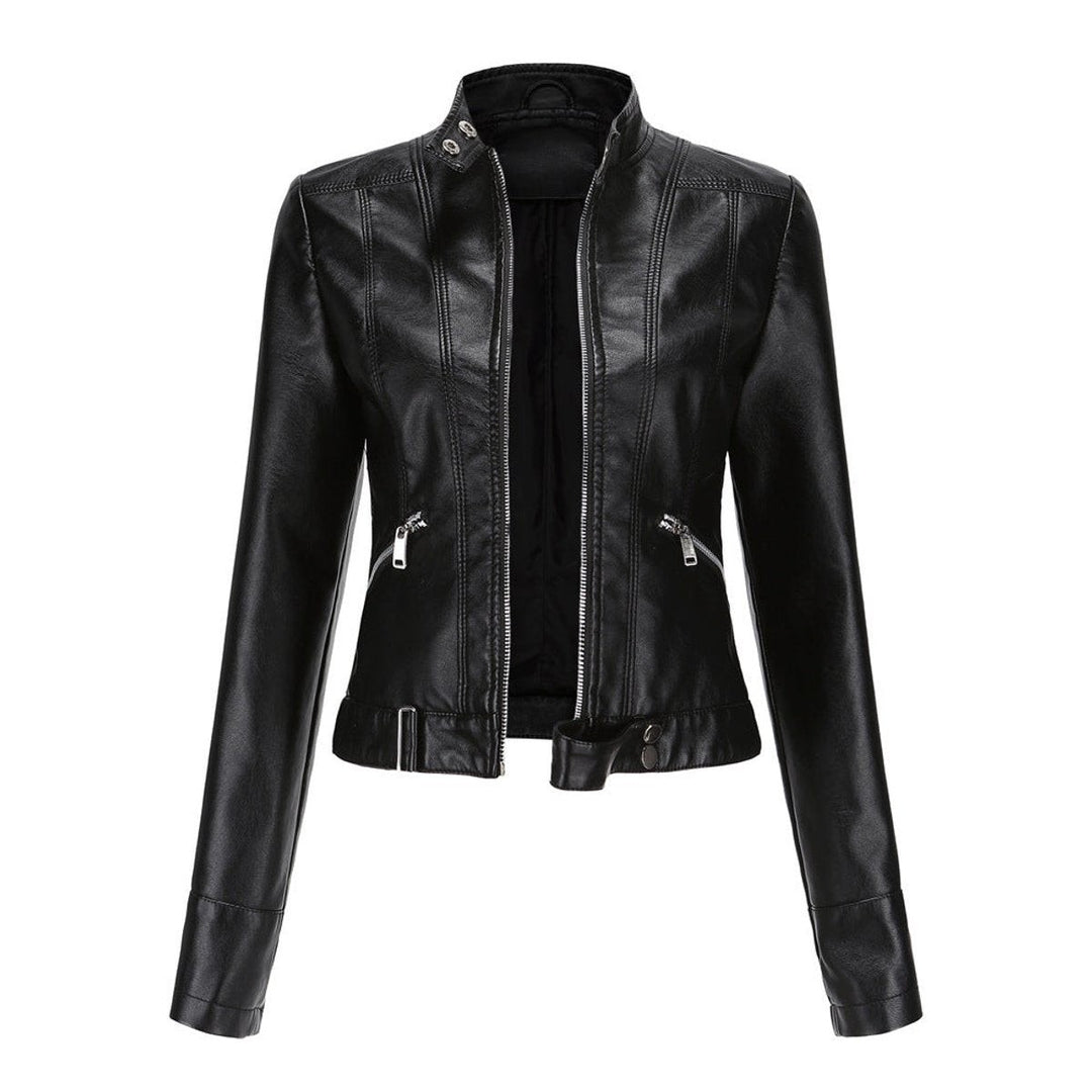 Black faux leather cropped biker jacket with stand collar and zip pockets