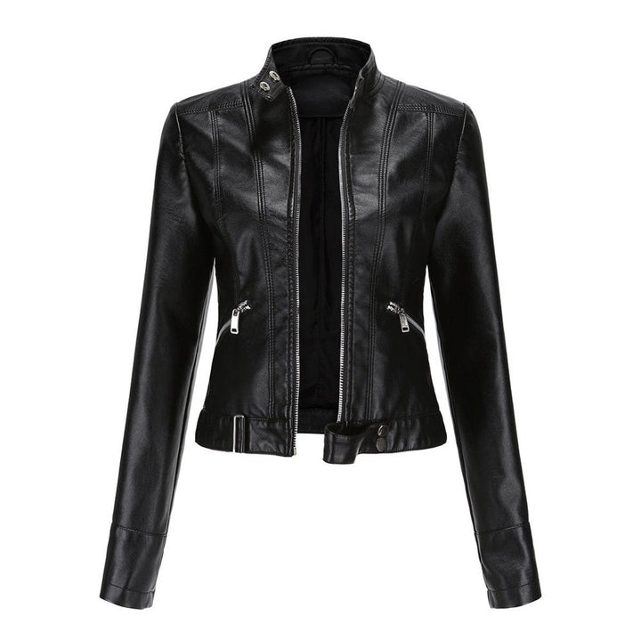 Black faux leather cropped biker jacket with stand collar and zip pockets