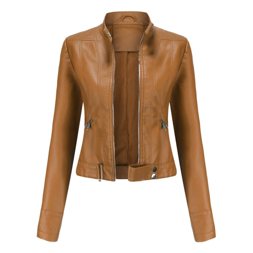 Tan faux leather moto jacket featuring cropped fit and stand-up collar