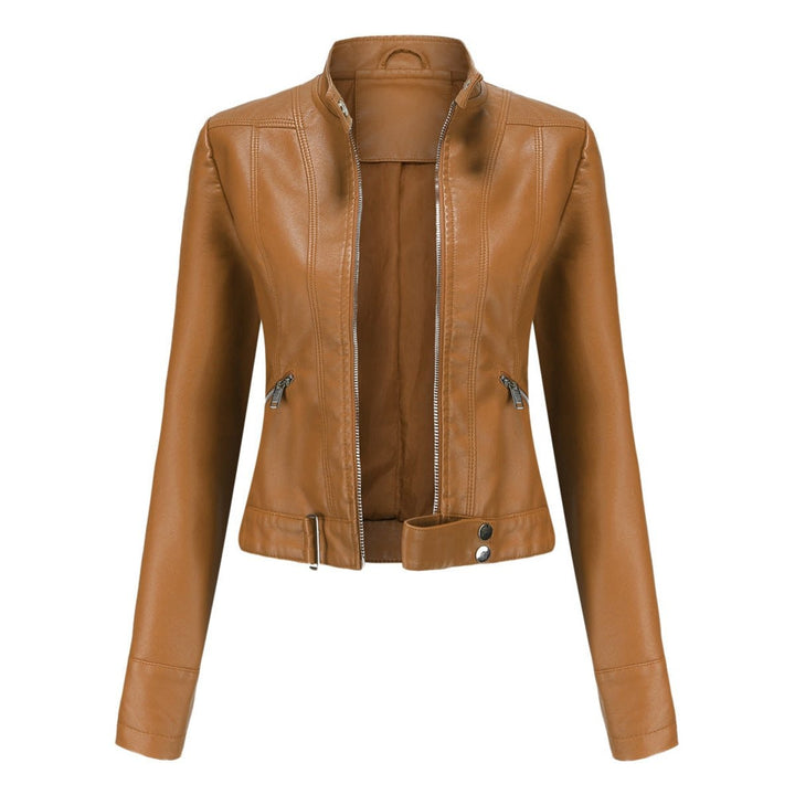 Tan faux leather moto jacket featuring cropped fit and stand-up collar