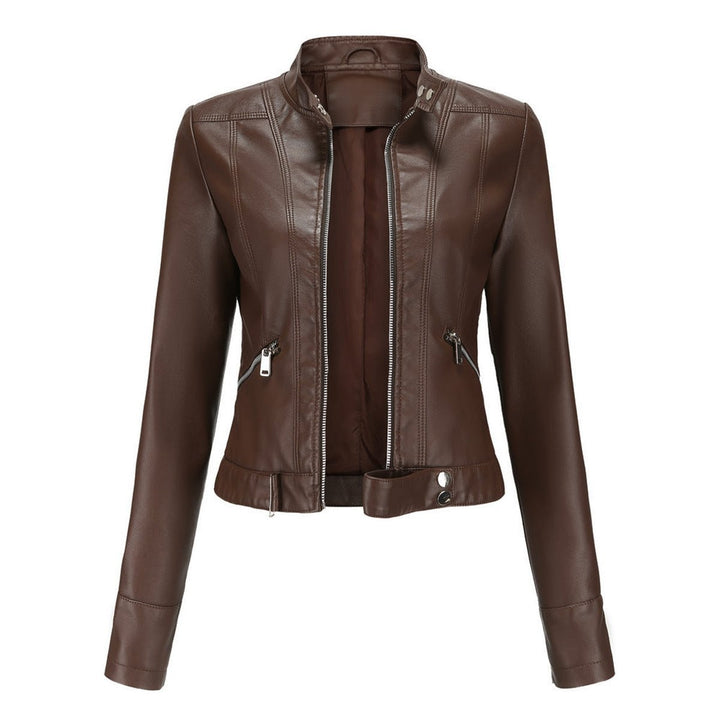 Chocolate brown cropped biker jacket with zip-front and stand collar detailing