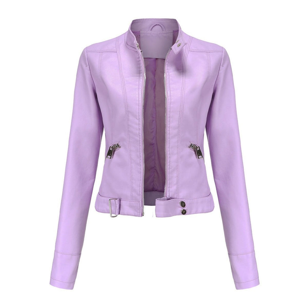 Lilac faux leather cropped jacket with buckle hem and stand-up collar