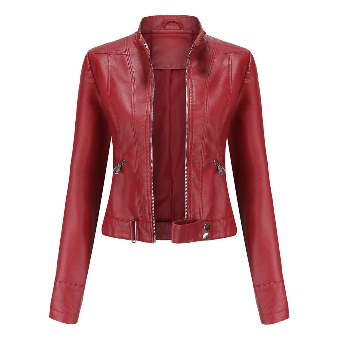 Red cropped moto jacket with silver zips and stand-collar design