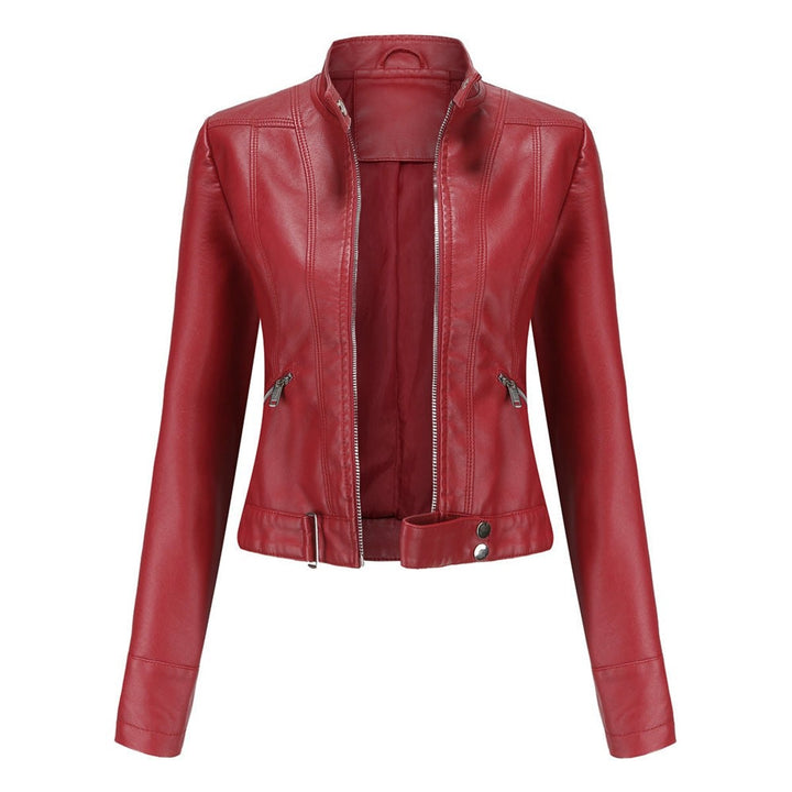 Red cropped moto jacket with silver zips and stand-collar design