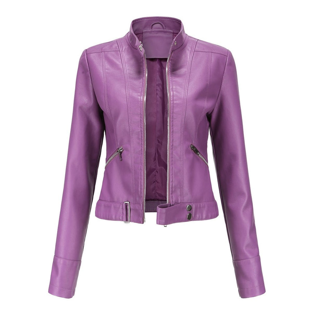 Purple faux leather biker jacket with cropped cut and buckle waist strap