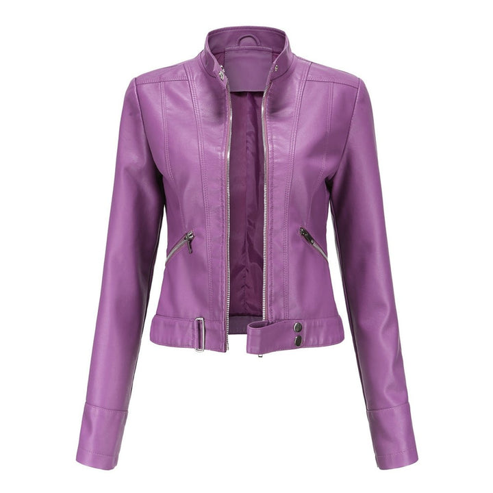 Purple faux leather biker jacket with cropped cut and buckle waist strap