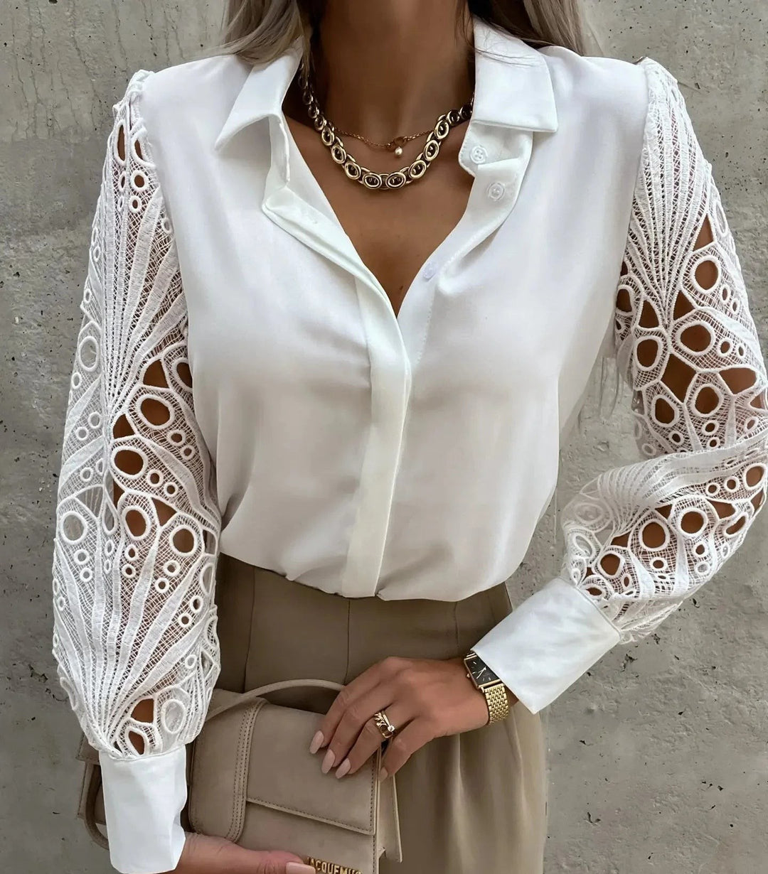 White satin button-up blouse with cutout lace bishop sleeves and collar