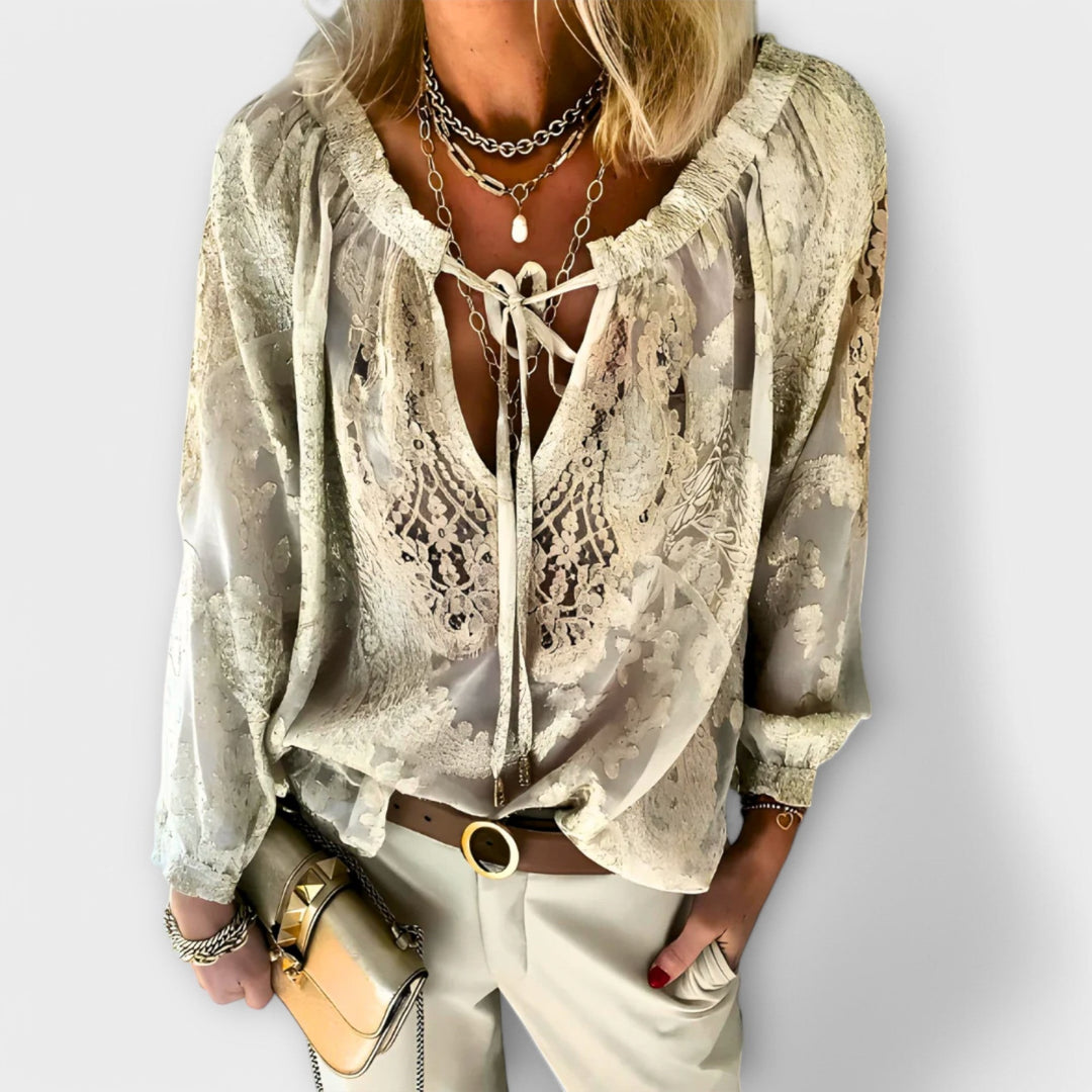 Ivory lace V-neck blouse with tie-front and floral textured print