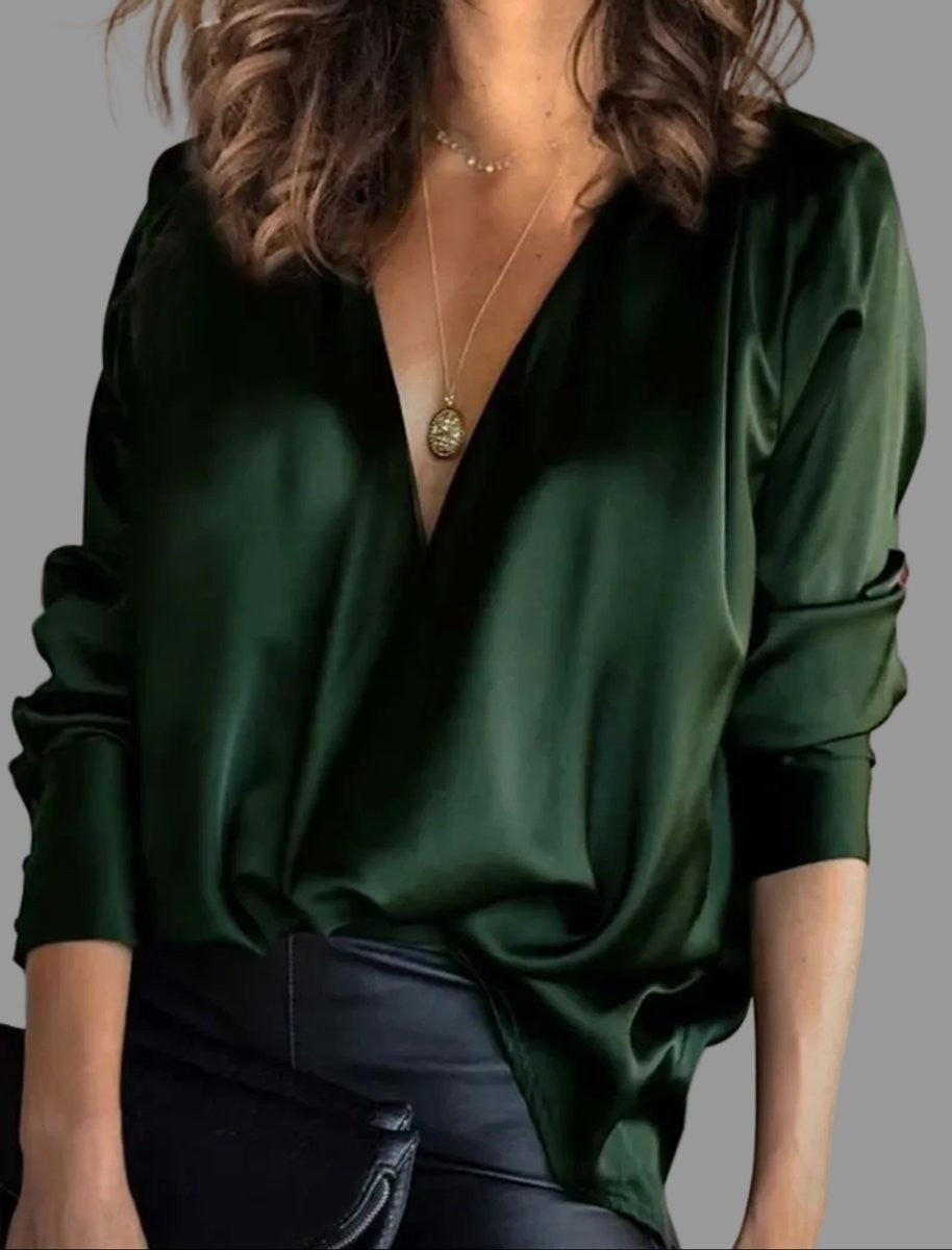Dark green satin blouse with deep V-neck and draped front detail