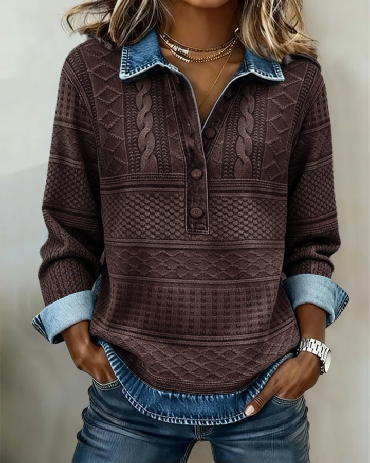 brown cable-knit sweater with denim collar and wooden buttons