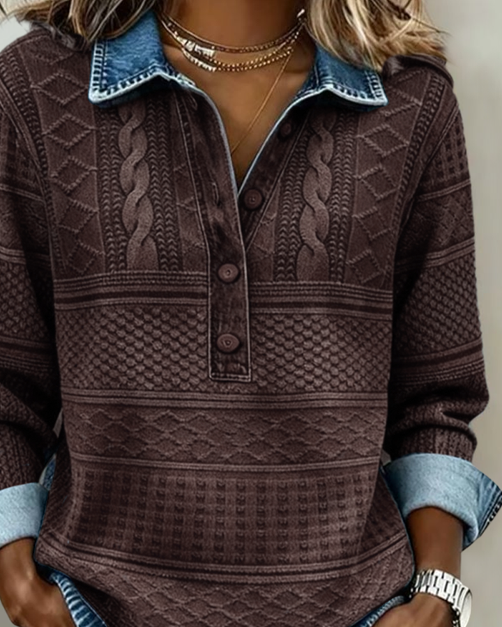 close-up of brown knit sweater with denim collar and buttons