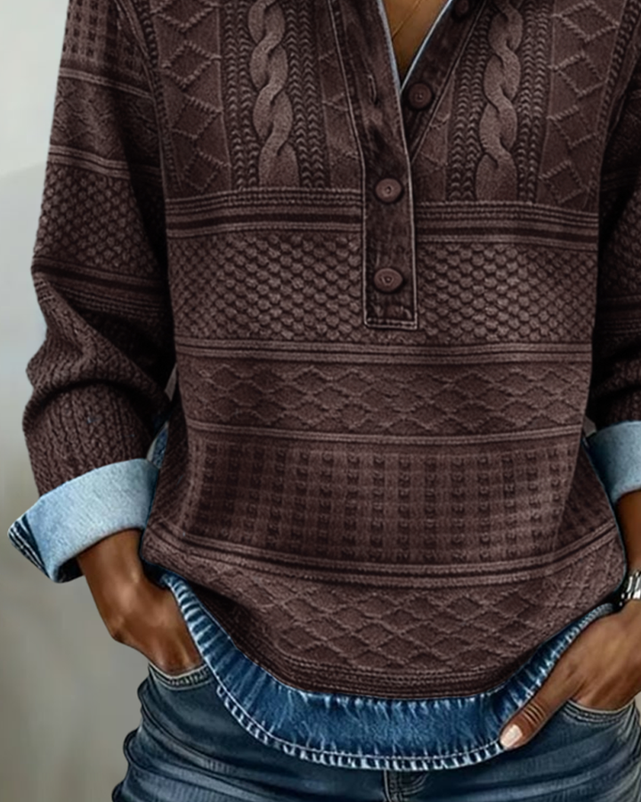 textured brown pullover showing cable-knit pattern and button placket