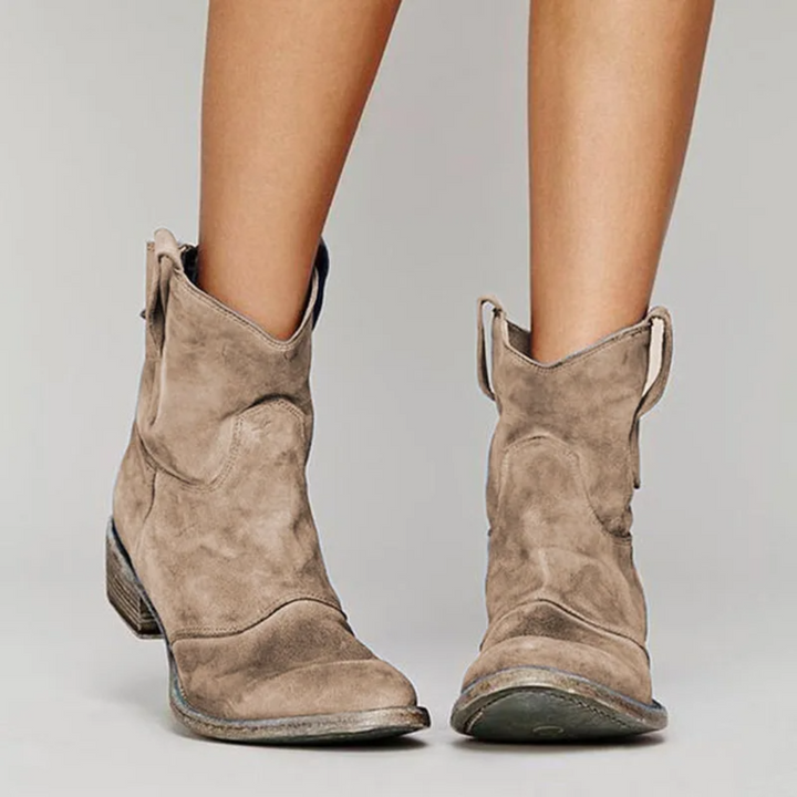 taupe suede ankle boots with distressed block heel and pull tabs