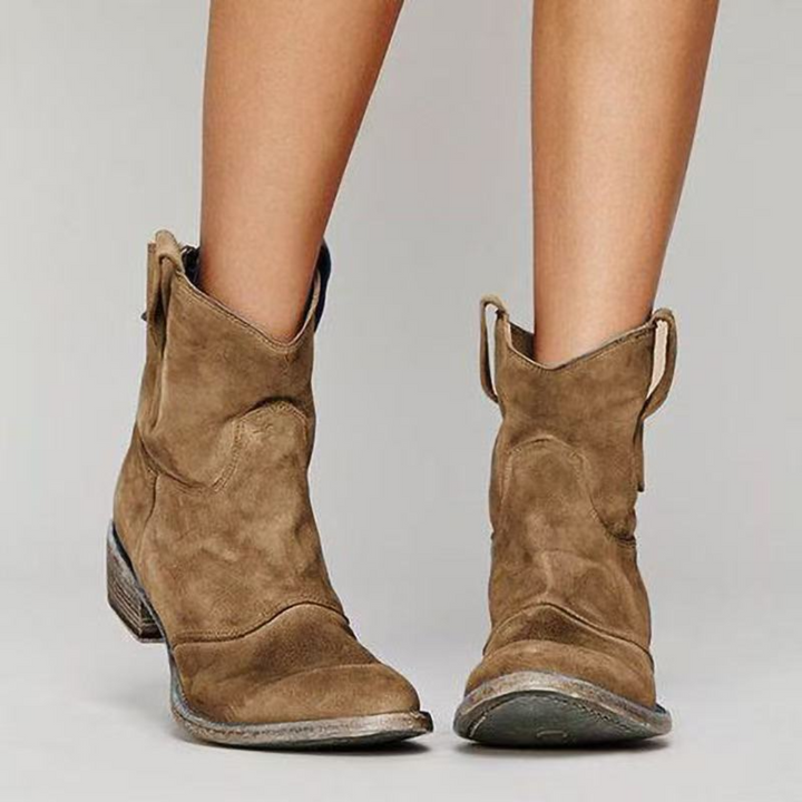 olive brown suede western-style ankle boots with stacked heel