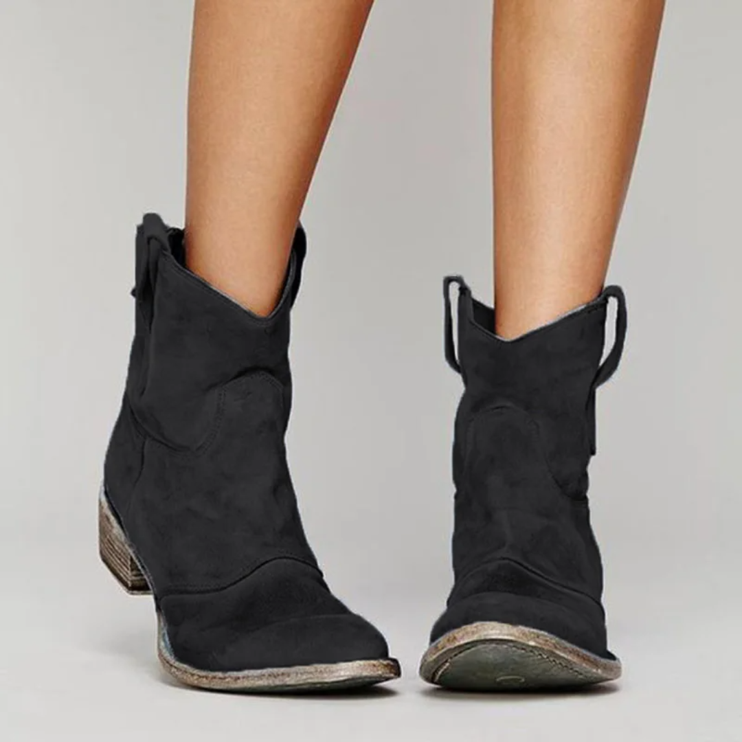 black suede ankle boots featuring pointed toe and pull tabs