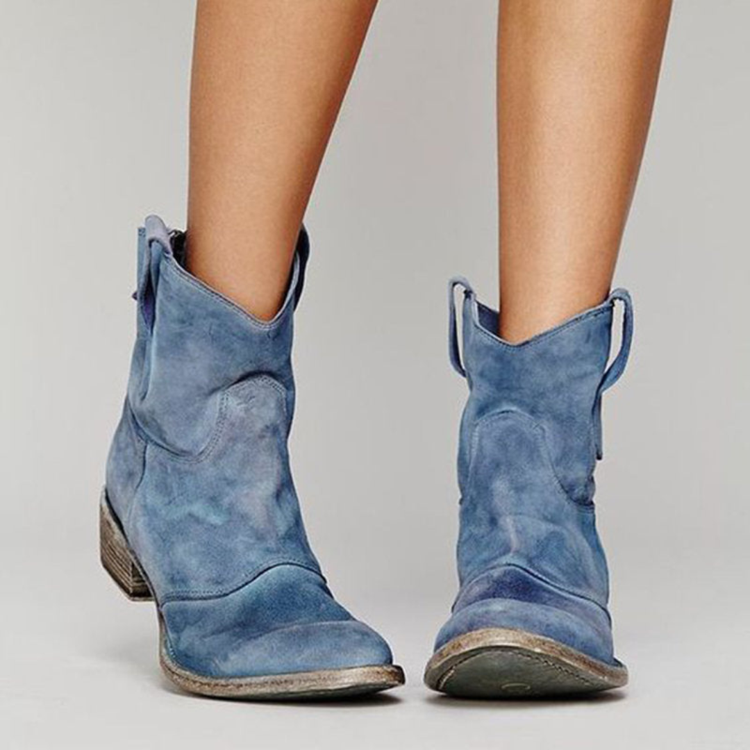 denim blue suede ankle boots with distressed sole and stacked heel