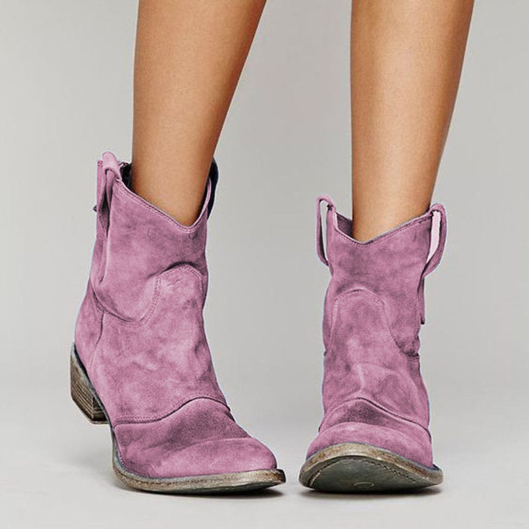 mauve suede ankle boots with weathered finish and stacked heel