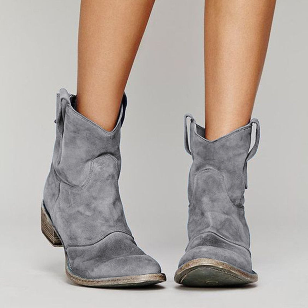 gray suede ankle boots with pull tabs and distressed sole