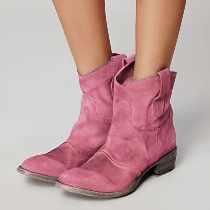 dusty rose suede ankle boots with pointed toe and low heel