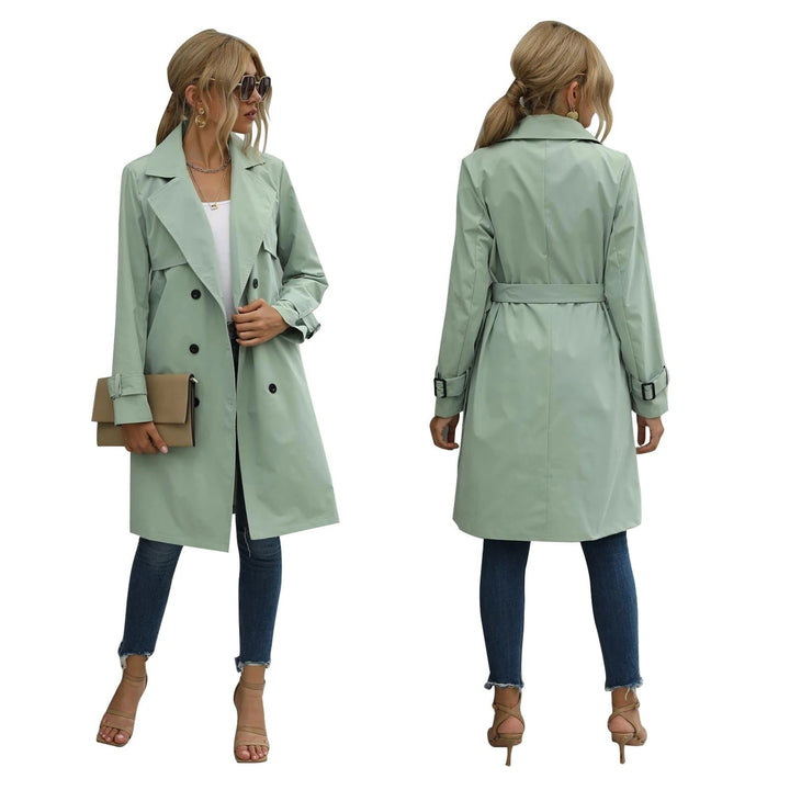 Sage green double-breasted trench coat with belted waist, front and back view