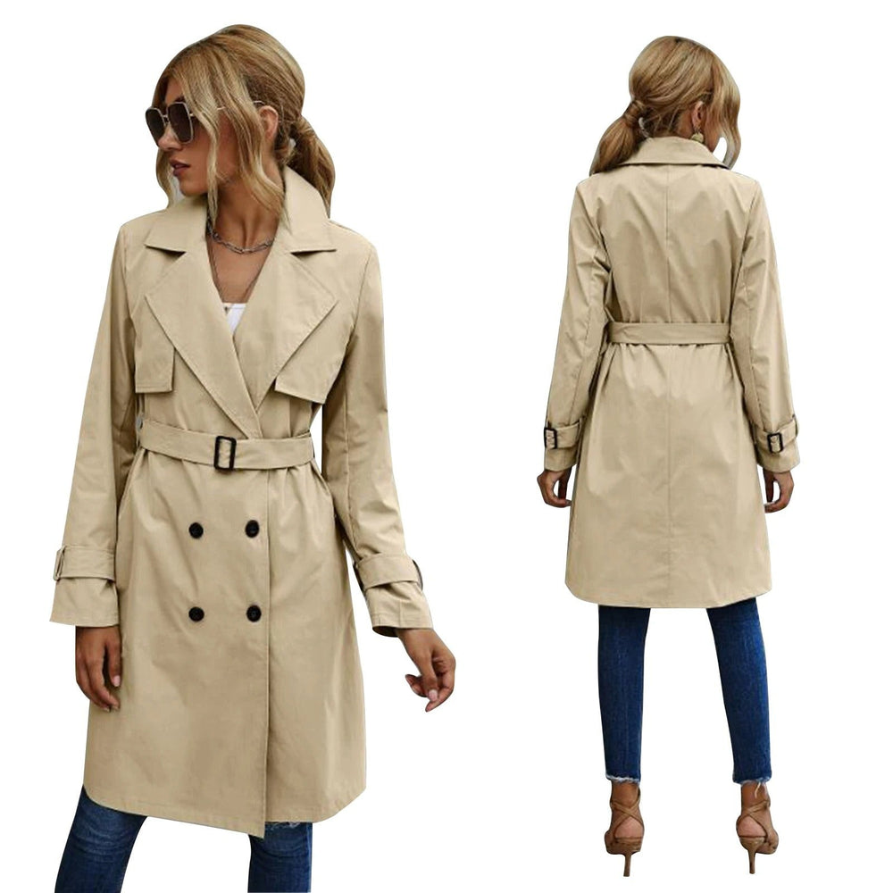 Khaki double-breasted trench coat with buckle belt, front and back view