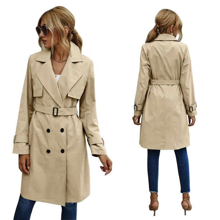 Khaki double-breasted trench coat with buckle belt, front and back view
