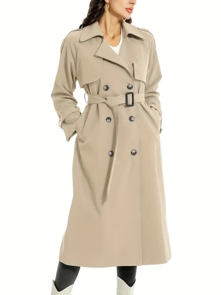Beige double-breasted trench coat with belted waist and long sleeves