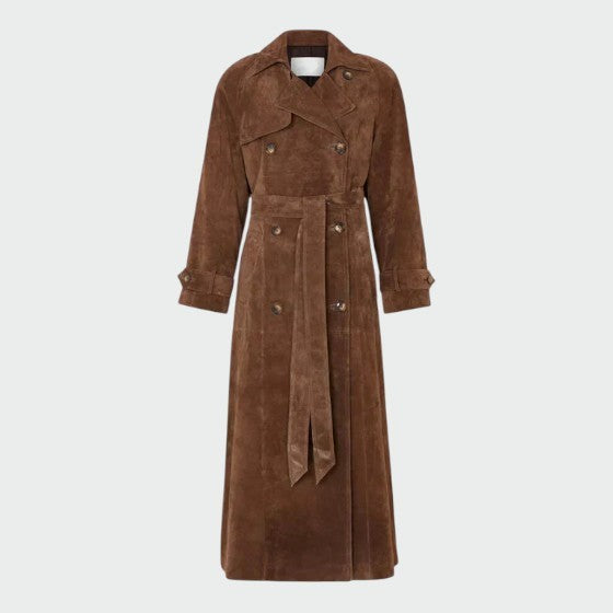 Belted brown suede trench coat with double-breasted button front, full length