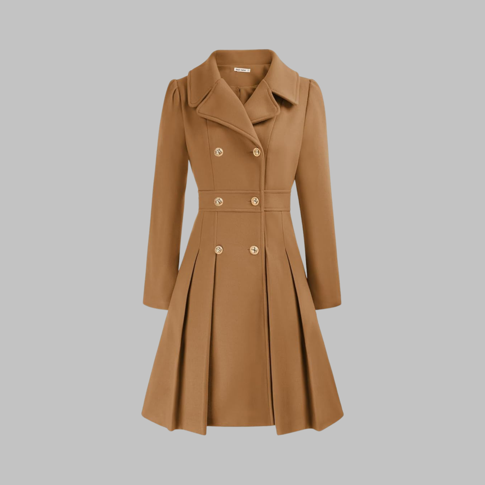 Camel double-breasted wool coat with fit-and-flare silhouette and pleats